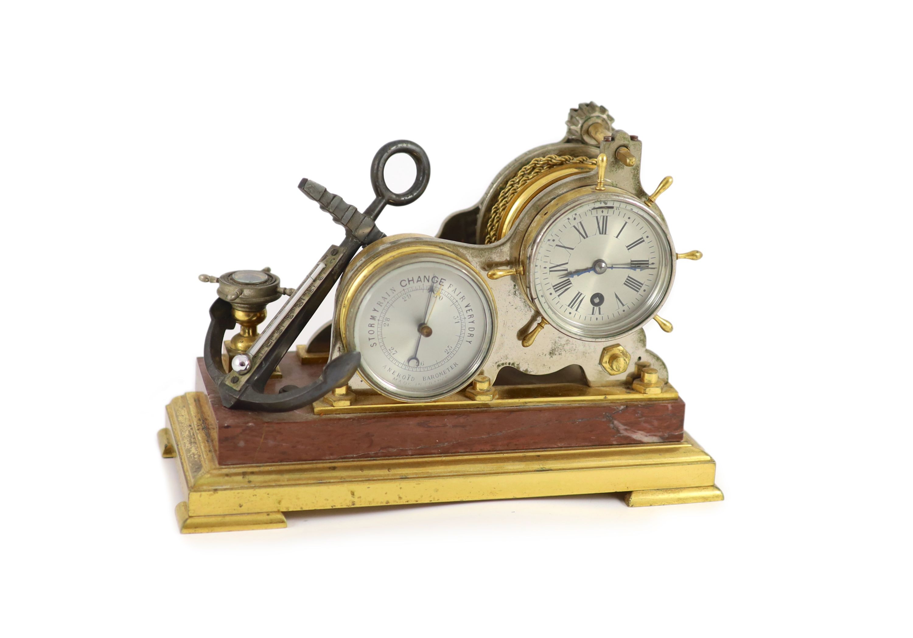 A late 19th century French gilt and silvered bronze desk barometer / timepiece, width 26cm depth 11.5cm height 17cm